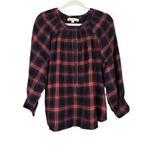 Loft Shirt Women's Large Black Red Plaid Button Up Pullover‎ Baby Doll Blouse